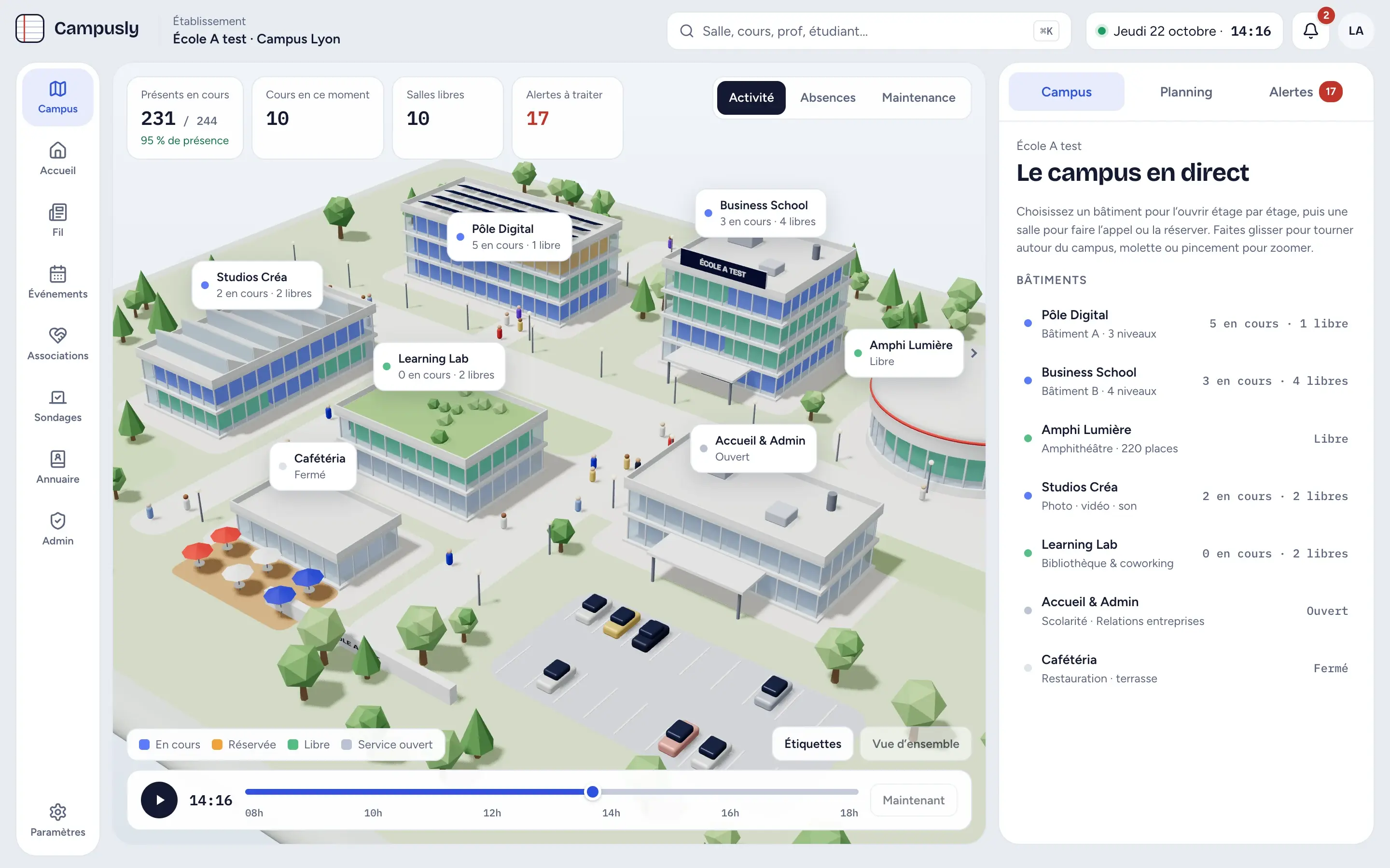 Le campus en 3D de jour, avec les indicateurs de présence, de cours et d’alertes