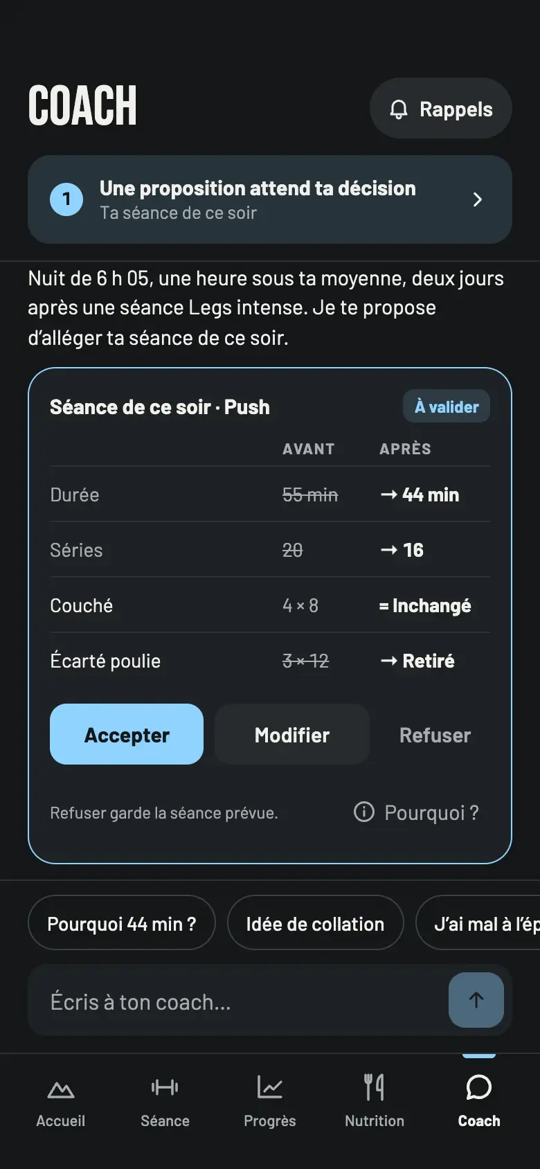 Le coach propose d’alléger la séance du soir, avant et après