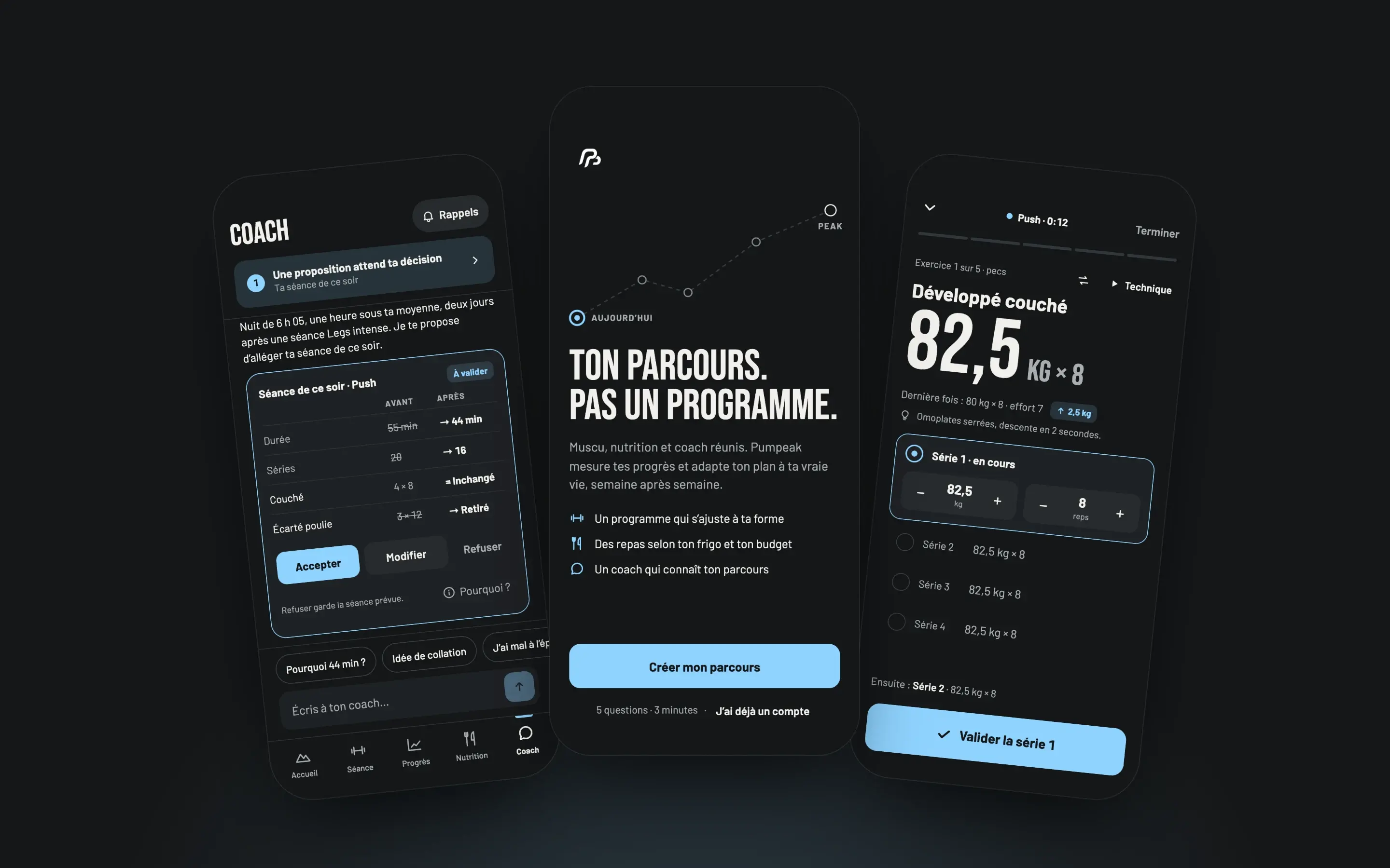 Trois écrans de Pumpeak : le coach, l’accueil de l’onboarding et une séance en cours